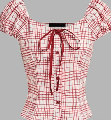 GY Garments & You Casual Gingham Bow Red Blouse